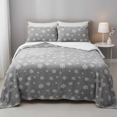 Imagem de Mindsoft 3 peças de roupa de cama de floco de neve 152 x 203 cm, cobertor térmico de lã de floco de neve com capas de travesseiro combinando, suprimentos de cama de flanela para decoração de quarto de