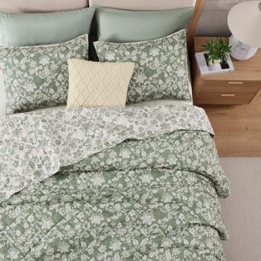 Imagem de BLOOMHAVEN Conjunto de colcha Queen, conjunto de colcha floral cinza verde, reversível, leve e respirável para todas as estações, colcha acolchoada macia com 2 fronhas