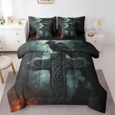 Imagem de Erosebridal Jogo de cama King com corvo viking, 7 peças, pássaro gótico, corvo, preto, lençol com elástico, lençol de cima, estilo nórdico antigo e coleções