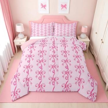 Imagem de Erosebridal Conjunto de cama King com laço rosa para meninas | Conjunto de edredom com laço rosa princesa para crianças, adolescentes, colcha de gravata borboleta, fofo kawaii, decoração de quarto, 2