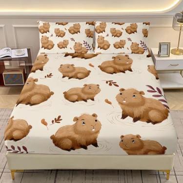 Imagem de AILONEN Jogo de lençol solteiro fofo de capivara, capivara, marrom, desenho kawaii, para decoração de quarto de meninas, meninos, lençol com elástico macio com 2 fronhas, 3 peças