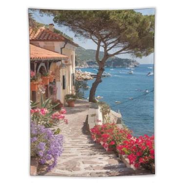 Imagem de Tapeçaria italiana de cidade costeira caminho de paralelepípedos buganvílias flores iate porto cênico litoral vila decoração de parede vibrante paisagem mediterrânea arte para casa espaço de vida 60 x