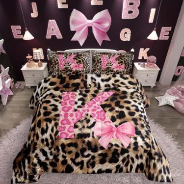 Imagem de jejeloiu Conjunto de edredom com estampa de leopardo, todas as estações, inicial K, conjunto de cama com 2 fronhas, laço, alfabeto, microfibra, roupa de cama de casal, pele de guepardo, edredom