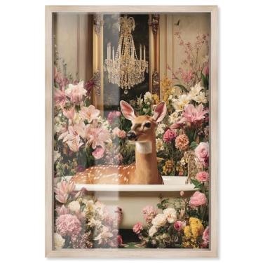 Imagem de Deer in Spring Bathroom Shadowbox Print Bathroom Wall Art por Art Remedy, moldura loira, 53 x 78 cm