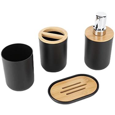 Imagem de GLOGLOW Conjunto de Dispensador de Sabonete/Saboneteira, Material de Bambu e Plástico, Inclui Suporte para Escova de Dentes, Saboneteira, Dispensador de Loção, Copo para Enxaguatório Bucal, (Preto)