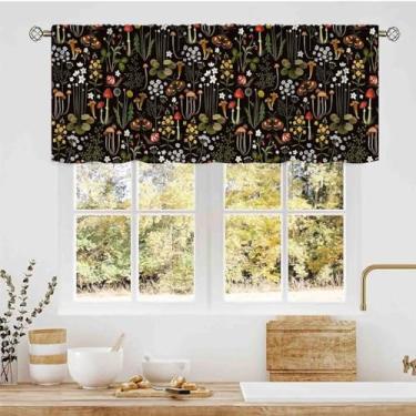 Imagem de Cortinas de cozinha de cogumelo, casa de fazenda, retrô, floral, botânico, cogumelo, cottagecore, natureza, plantas, ervas, bolso para varão, pequena janela, para café, sala de estar, quarto, armário