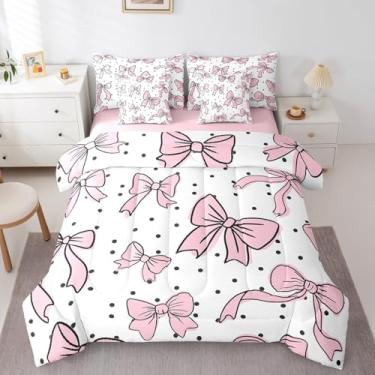 Imagem de Erosebridal Lindo conjunto de edredom solteiro com laço rosa e preto, 7 peças, com laço rosa e preto, para crianças, meninas, conjunto de cama com laço de princesa, lençol de cima e lençol de cima,