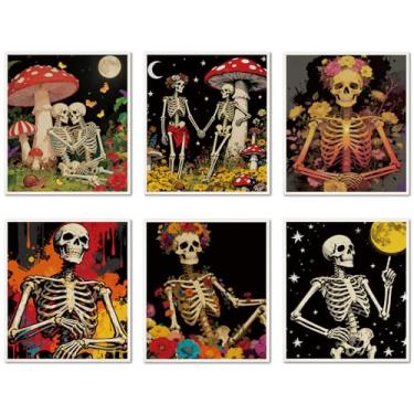 Imagem de CREATCABIN 6 peças de panos de prato suecos de caveira floral para cozinha panos suecos esqueleto gótico panos de prato reutilizáveis absorventes laváveis pano de esponja de limpeza de celulose sem