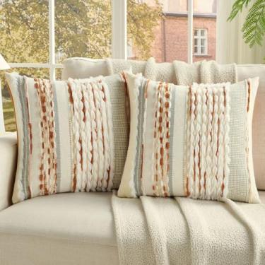 Imagem de FUTEI Conjunto de 2 capas de almofada com acento bege enferrujado, 50,8 x 50,8 cm de pelúcia, listradas, texturizadas, decorativas para decoração de sofá boho de fazenda