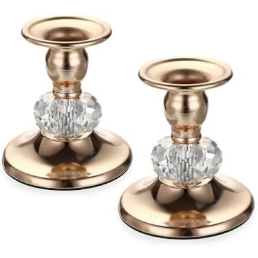 Imagem de 2 peças elegantes de castiçal de metal dourado, suportes de vela afunilados vintage para mesa de jantar, lareira e decoração de casamento para decoração de casa, festa e férias, dourado