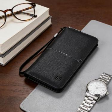 Imagem de Carteira masculina preta preta de couro legítimo com sensação confortável, design longo de negócios com fecho magnético, estampa listrada, sensação de couro, confortável