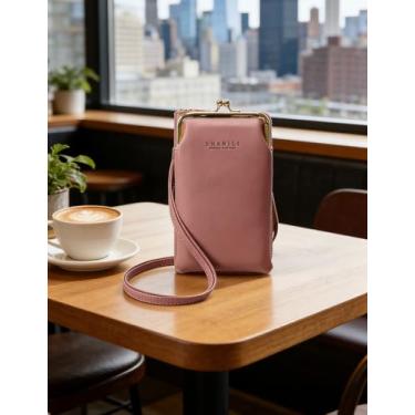 Imagem de Bolsa feminina com fecho de couro malva, bolsa transversal para celular com zíper para cartões e porta-moedas