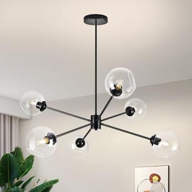 Imagem de KoKo&Yukina Lustre Sputnik de Globo de 6 Luzes Moderno Preto Sputnik Lustre Pingente de Meados do Século Acabamento Preto Fosco com Globo Transparente Lustres de Abajur de Vidro para Sala de Jantar
