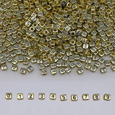 Imagem de Mais de 200 peças de contas de acrílico de cubo dourado de 6 x 6 mm, 0 a 9 contas de plástico misturado para fazer joias, pulseiras, colares, chaveiros (preto em dourado)