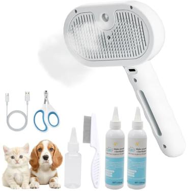 Imagem de Escova a vapor para cães e gatos – 3 em 1 de descamação, spray a vapor e ferramenta de limpeza automática – ideal para gatos de pelo longo e curto – Inclui 2 frascos de xampu sem água (branco)