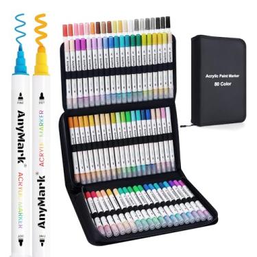 Imagem de AnyMark Marcadores de tinta acrílica de 80 cores, ponta dupla com ponta de ponto e ponta fina canetas de tinta acrílica premium para pedra, madeira, caligrafia, vidro, pintura rupestre, artesanato
