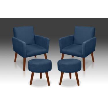 Imagem de Kit 02 Poltrona Nina + 02 Puf Redondo Suede Azul Marinho -Modena Decor