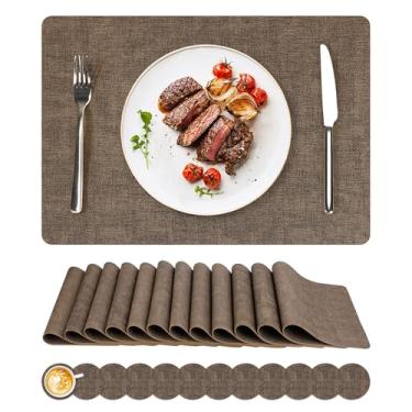 Imagem de Jogo americano de vinil, conjunto de 12 tapetes de couro sintético, à prova d'água e resistente ao calor, tapetes de mesa laváveis antiderrapantes com porta-copos para ambientes internos e externos