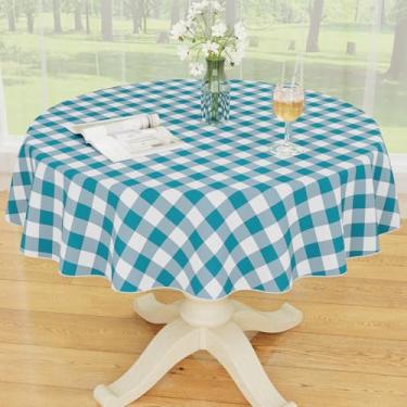 Imagem de Smiry Toalha de mesa redonda de plástico, toalha de mesa de vinil impermeável com forro de flanela, capa de mesa xadrez de búfalo limpa para jantar, interior e exterior (turquesa e branca, redonda de