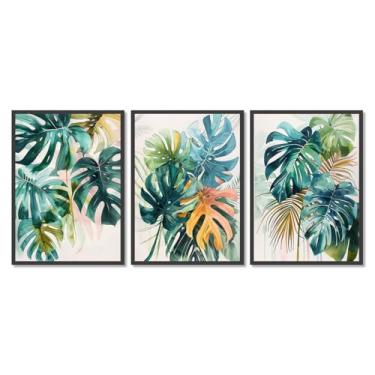 Imagem de Arte de parede de folhas tropicais – Impressão de folha de palmeira verde aquarela, pôster Monstera, decoração de plantas tropicais modernas para sala de estar em casa (SKU4-3PCS, 12 x 18 pol) (30 x