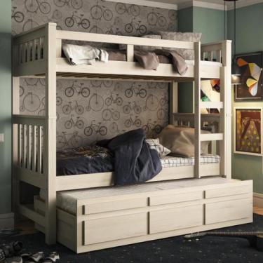 Imagem de Treliche Solteiro Branco Lavado 3 Gavetas e 1 Escada Madeira de Pinus 