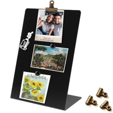 Imagem de Quadro de exibição magnética – Quadro de notas de metal de mesa para anotações e fotos, quadro de avisos magnético preto pequeno 28 x 9,8 polegadas, inclui clipes para escritório, decoração de quarto
