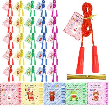 Imagem de Conjunto de 25 cordas de pular cartões de dia dos namorados para crianças sala de aula - 2,3 m arco-íris ajustáveis cordas de pular a granel com cartões para estudantes, lembrancinhas de festa dos