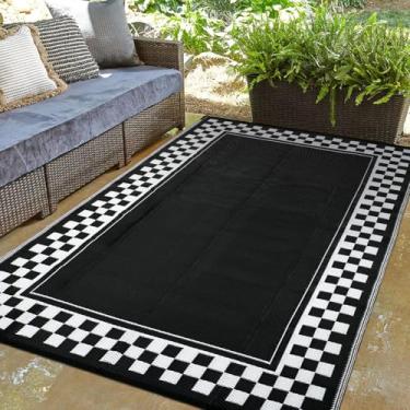 Imagem de Dunzy Tapete quadriculado para pátio externo 1,5 x 2,4 m, tapete de palha de plástico antiderrapante para área interna e externa para trailer, acampamento, piscina, praia, varanda e quintal (preto