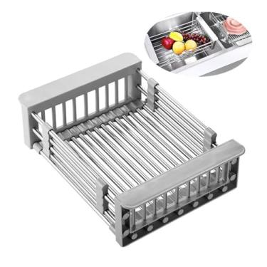 Imagem de Escorredor de pratos compacto de aço inoxidável para pia de cozinha, cesto de drenagem retrátil e suporte de talheres, pequeno escorredor espesso (cinza, largura de 167 mm)