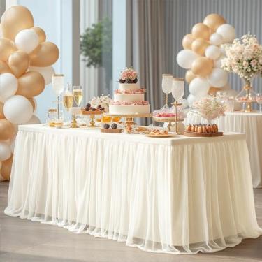 Imagem de Wish Care Toalha de mesa de tule marfim para mesas retangulares de 2,3 m, elásticas, elásticas, sem rugas, babados, saia tutu para festa de casamento, aniversário, chá de bebê, bolo