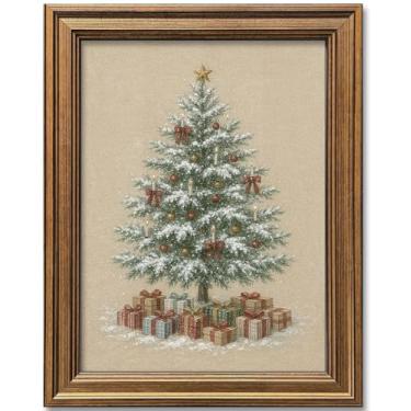 Imagem de Arte de parede de árvore de Natal, decoração de parede com moldura dourada, pintura rústica de inverno, para decoração de sala de estar, presente (árvore de Natal, 50 cm x 40 cm)