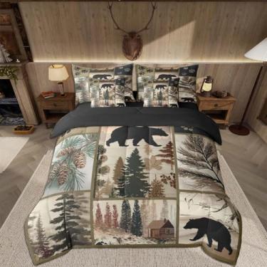 Imagem de Feelyou Conjunto de edredom queen com urso, para crianças, meninos, meninas, chalé, campo, 7 peças, natureza, vida selvagem, decoração de quarto de fazenda, grade xadrez