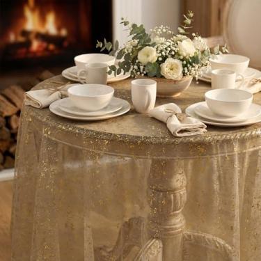 Imagem de Horaldaily Toalha de mesa Coffee Gold Gauze 152 x 152 cm redonda, folha metálica com glitter de lantejoulas douradas, gaze de tule transparente para casamento, chá de bebê, cerimônia de aniversário