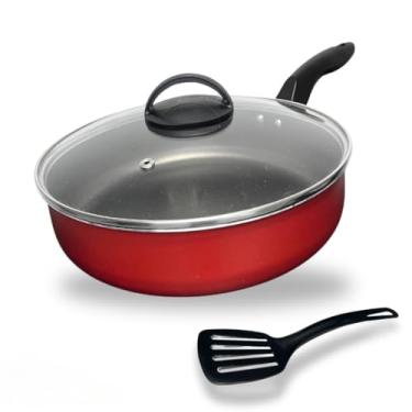 Imagem de Frigideira Alta Funda Grande 24 cm Antiaderente Teflon com Tampa de Vidro e Espátula Nylon panelas e frigideiras Caçarola para Feijoada, Compatível com Todos os Fogões(Vermelho)