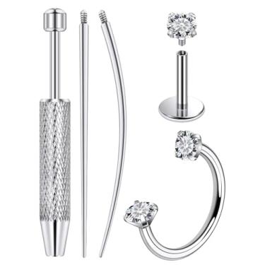 Imagem de Lcolyoli Anel de nariz de ferradura de titânio 20G e pino CZ roscado internamente para piercing de tragus/nariz/hélice/concha para mulheres e homens, inclui ferramenta de agarrar bola afunilada para