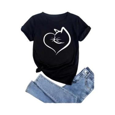 Imagem de Camiseta Feminina De Verão Com Estampa De Gato, Design De Cartoon Fash