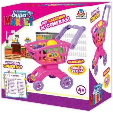 Imagem de Brincando de Casinha - Carrinho Super Market Rosa com Frutas e Legumes