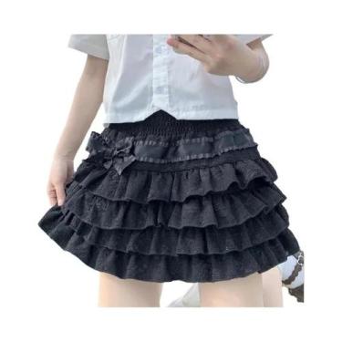 Imagem de Saia Mini De Cintura Alta Com Renda E Camadas Kawaii Lolita Para Mulhe