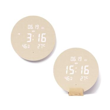 Imagem de mooas Relógio de parede LED digital sem fio Wood Moon, temperatura e umidade, sensor de som - brilho automático, relógio de LED decorativo moderno para quarto, sala de estar, suporte de parede sem fio