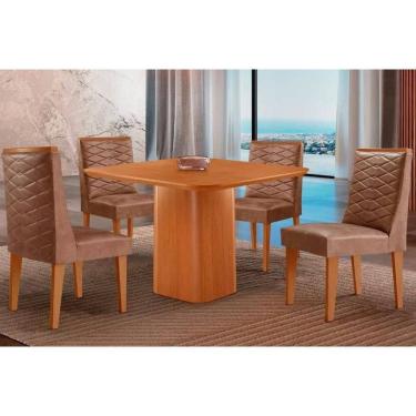 Imagem de Sala Jantar Mesa Maldivas Tampo Curvo 90cm+4 Cadeiras Dafne Madeira Naturale - Capuccino/Linho Capuccino - Rufato