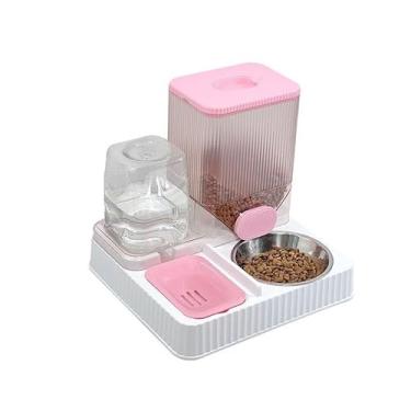 Imagem de Alimentador e Bebedouro Automático 2 em 1 para Pets, Capacidade 2,5L Ração e 1,1L Água, Ideal para Cães Pequenos e Gatos(Rosa)