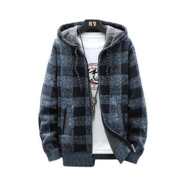 Imagem de Cardigã Masculino De Inverno Com Capuz, Estampa Xadrez, Jaqueta De Lã 