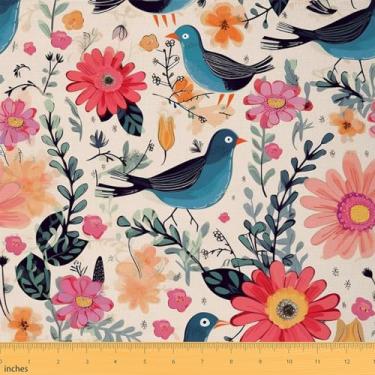 Imagem de Tecido vintage de pássaros azuis por jarda, material floral de flores em aquarela por quintal, painéis de tecido de plantas botânicas rústicas, tecido de costura de decoração de campo rural, 2 metros