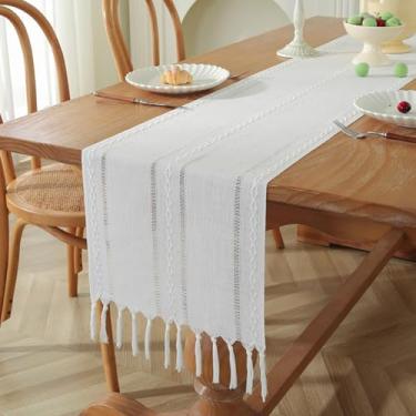 Imagem de Caminho de mesa rústico com borlas, caminhos de mesa boho trançados listrados, mesa de linho de algodão para jantar, festas e casamentos (branco, 33 x 122 cm)