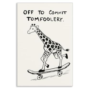 Imagem de Pôster de girafa, arte de parede em tela Quote Off To Commit Tomfoolery, estampa legal de girafa de skate, pôsteres engraçados de animais para estética de quarto, berçário, quarto infantil, escritório