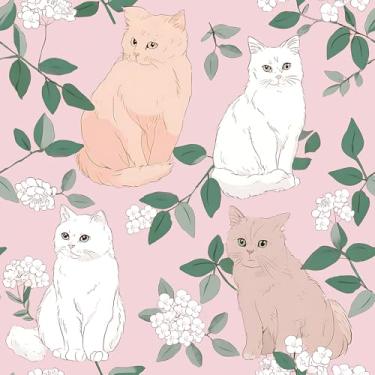Imagem de VaryStyle Papel de parede de gato rosa de 45 x 299 cm fofo feminino floral para quarto de meninas berçário papel de parede autoadesivo removível papel de parede animal rosa para armários de quarto de