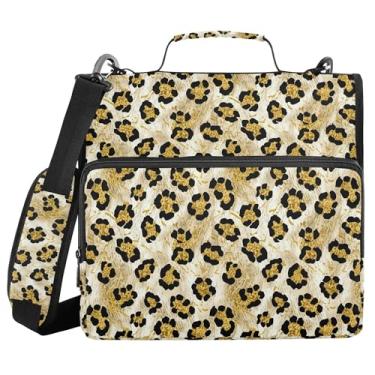 Imagem de SEHANY Fichário de zíper com estampa de leopardo com alça de ombro, capacidade para 500 folhas, vários bolsos, fichário com 3 anéis com zíper de 3 cm