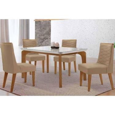 Imagem de Sala Jantar Mesa Londrina Tampo c/ Vidro Curvo 120cm 4 Cadeiras Maldiv