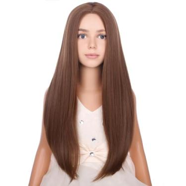 Imagem de PATTNIUM Peruca marrom para crianças, meninas, longa, reta, parte média, marrom, peruca de cabelo sintético infantil