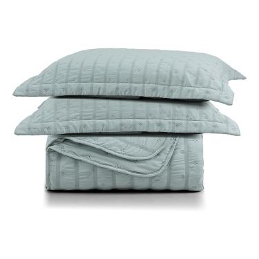 Imagem de Kit Colcha Cobre Leito Plissê King Seersucker Premium 3 Peças Maciez e Leveza com Textura 3D Verde Essencial